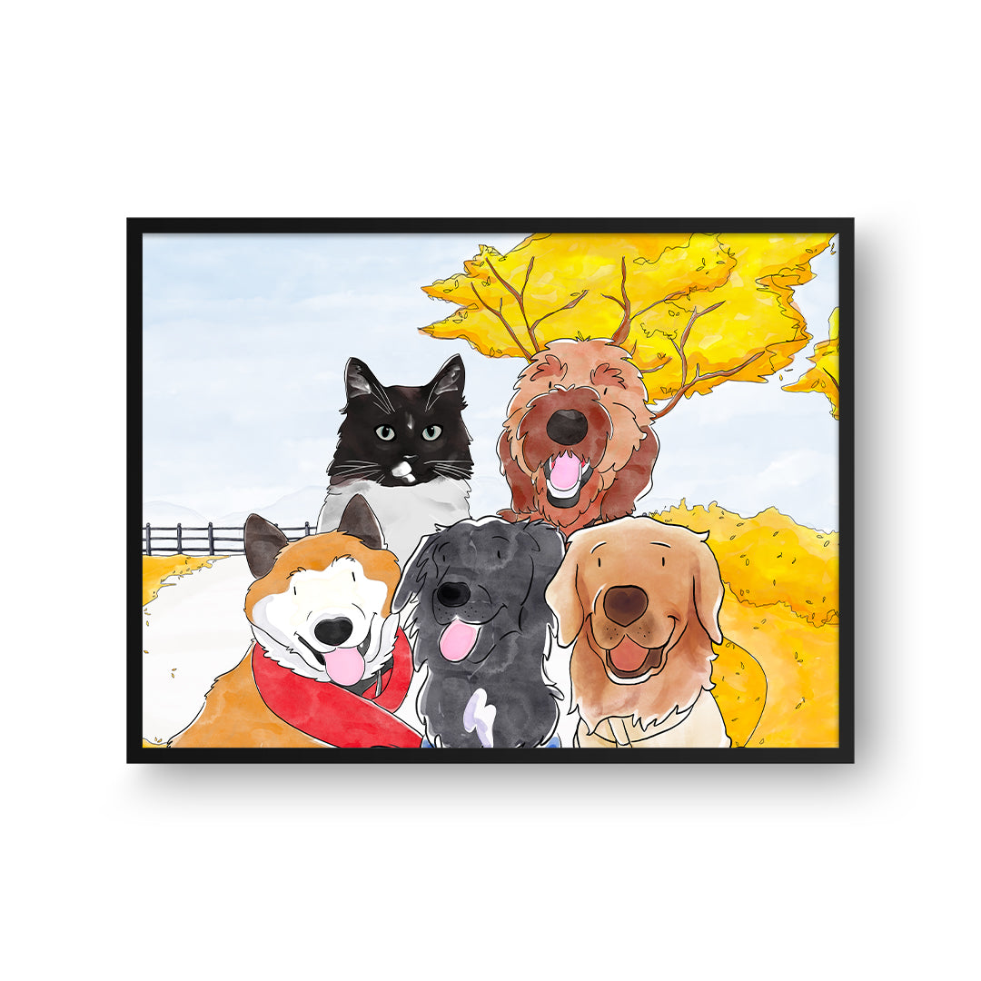 Watercolor Pet Portrait - Five Pets, Framed Poster