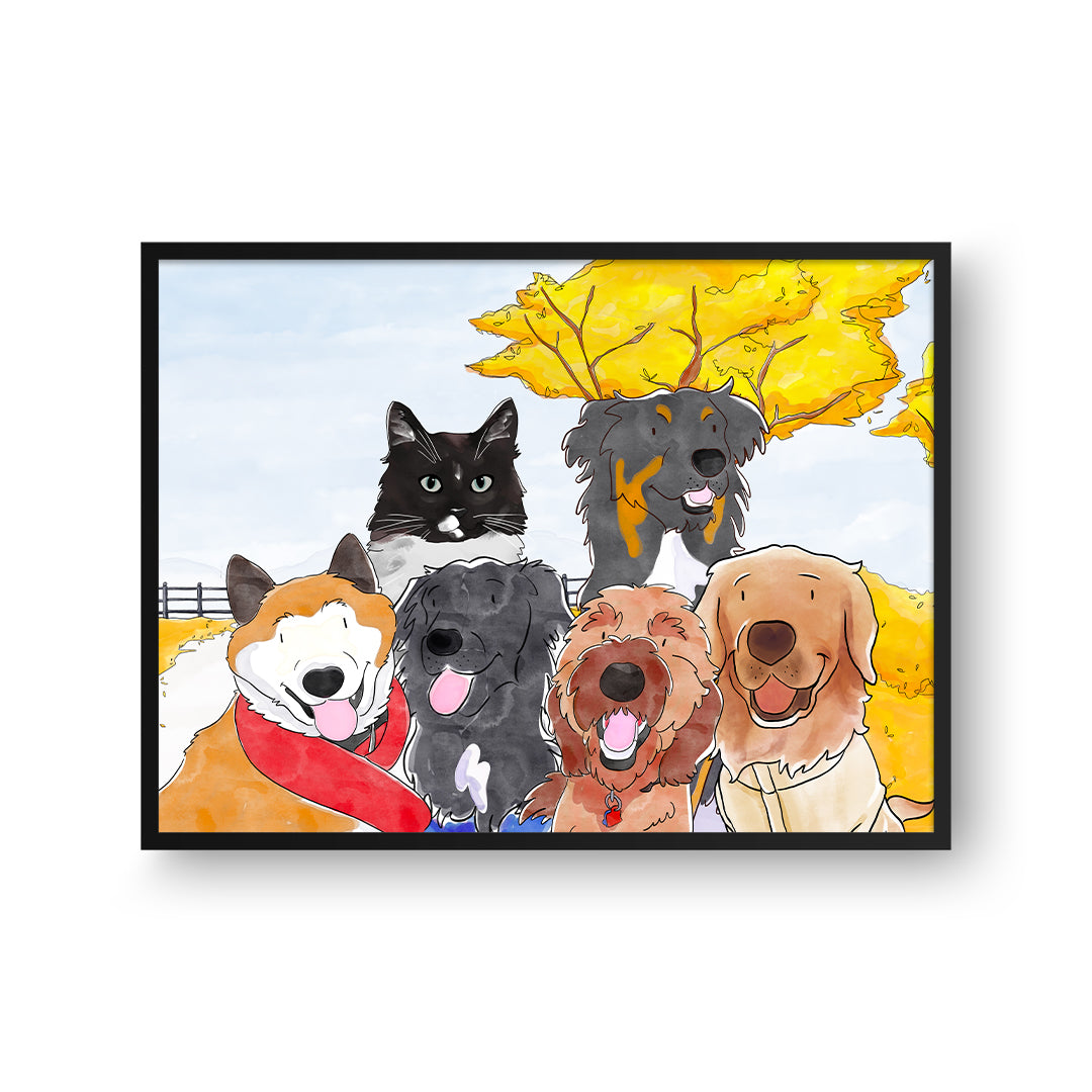 Watercolor Pet Portrait - Six Pets, Framed Poster