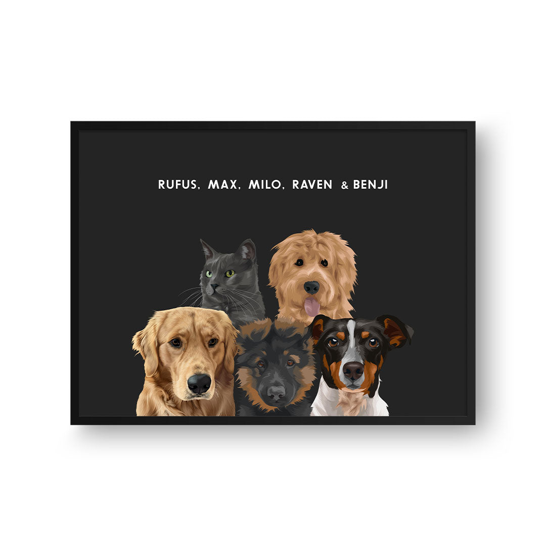 Modern Pet Portrait - Five Pets, Framed Poster