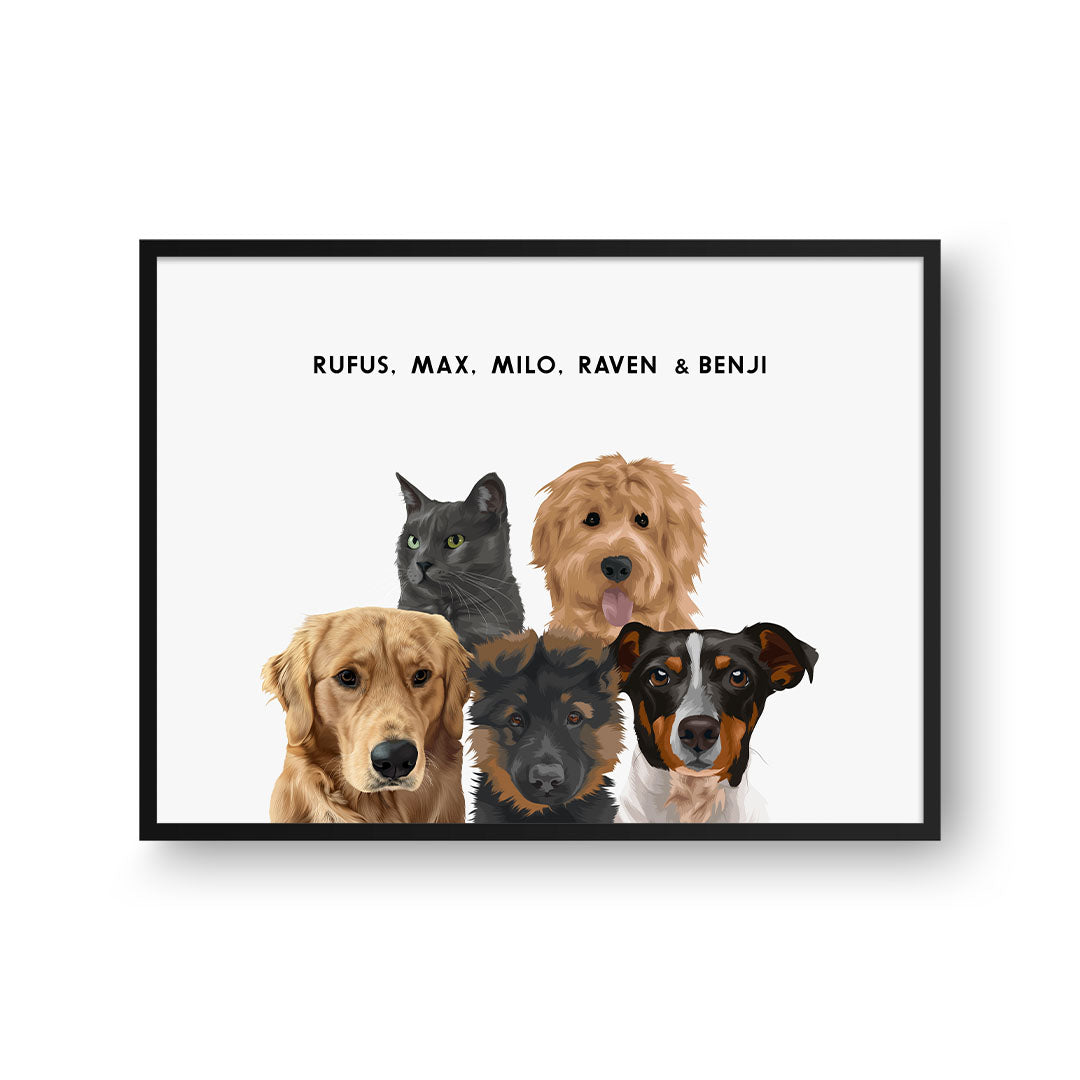 Modern Pet Portrait - Five Pets, Framed Poster