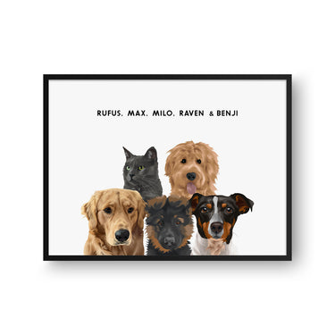 Modern Pet Portrait - Five Pets, Framed Poster