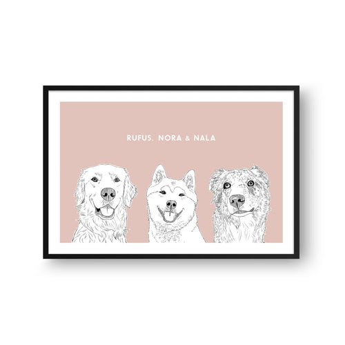 Crown and Paw - Framed Poster Illustrated Pet Portrait - Three Pets
