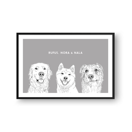 Crown and Paw - Framed Poster Illustrated Pet Portrait - Three Pets