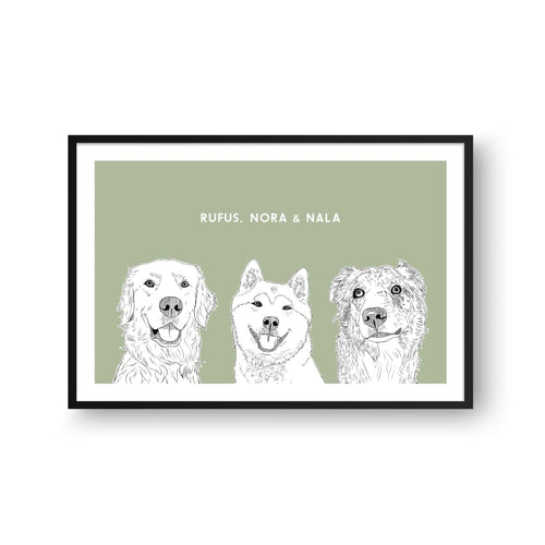 Crown and Paw - Framed Poster Illustrated Pet Portrait - Three Pets