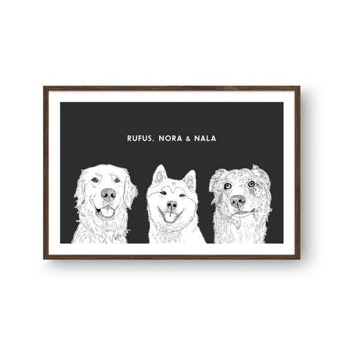 Crown and Paw - Framed Poster Illustrated Pet Portrait - Three Pets