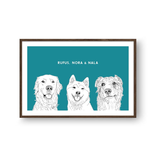 Crown and Paw - Framed Poster Illustrated Pet Portrait - Three Pets