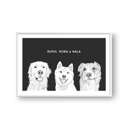 Crown and Paw - Framed Poster Illustrated Pet Portrait - Three Pets