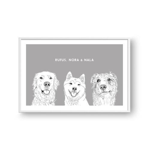 Crown and Paw - Framed Poster Illustrated Pet Portrait - Three Pets