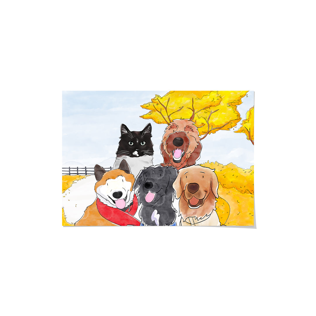 Watercolor Pet Portrait - Five Pets, Framed Poster