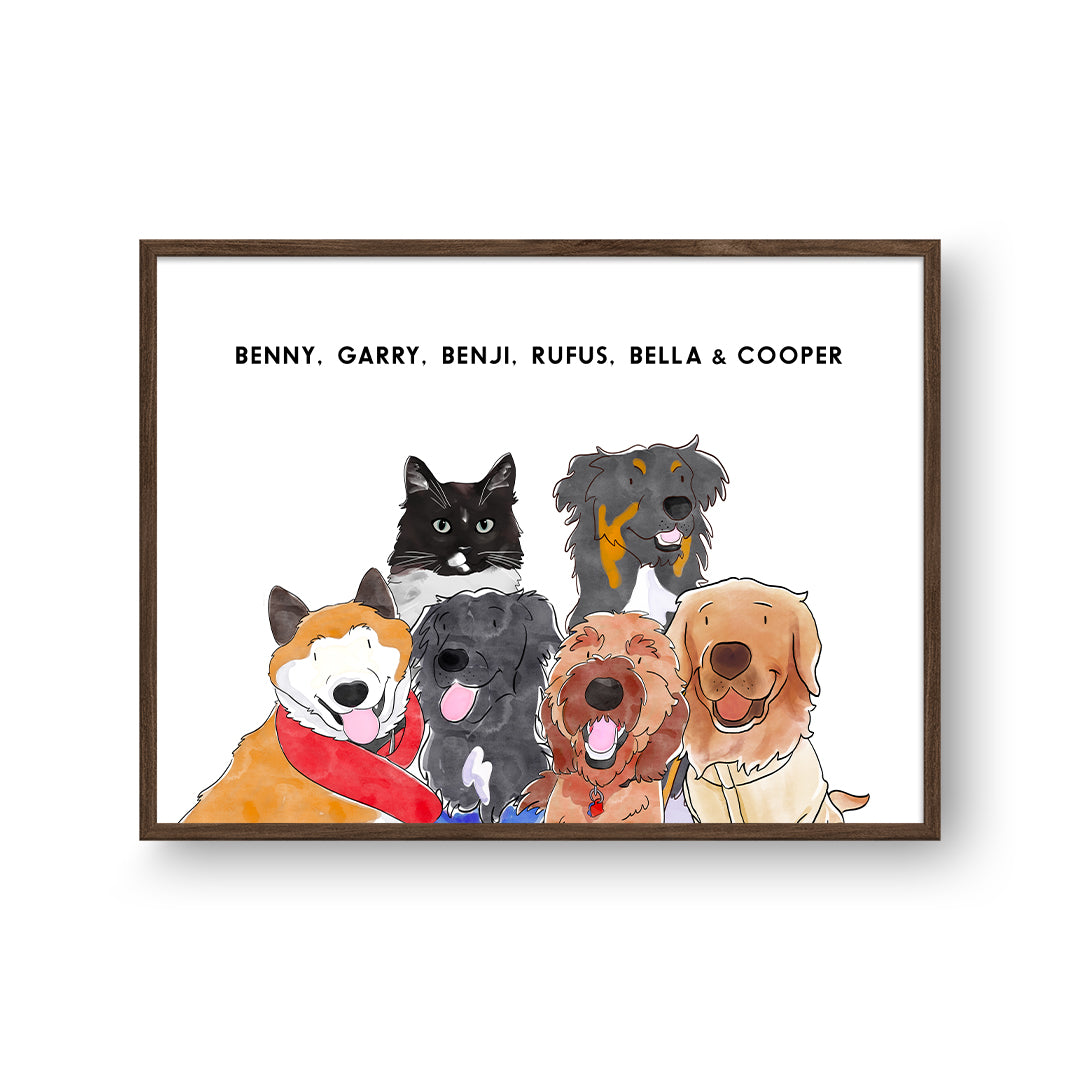 Watercolor Pet Portrait - Six Pets, Framed Poster