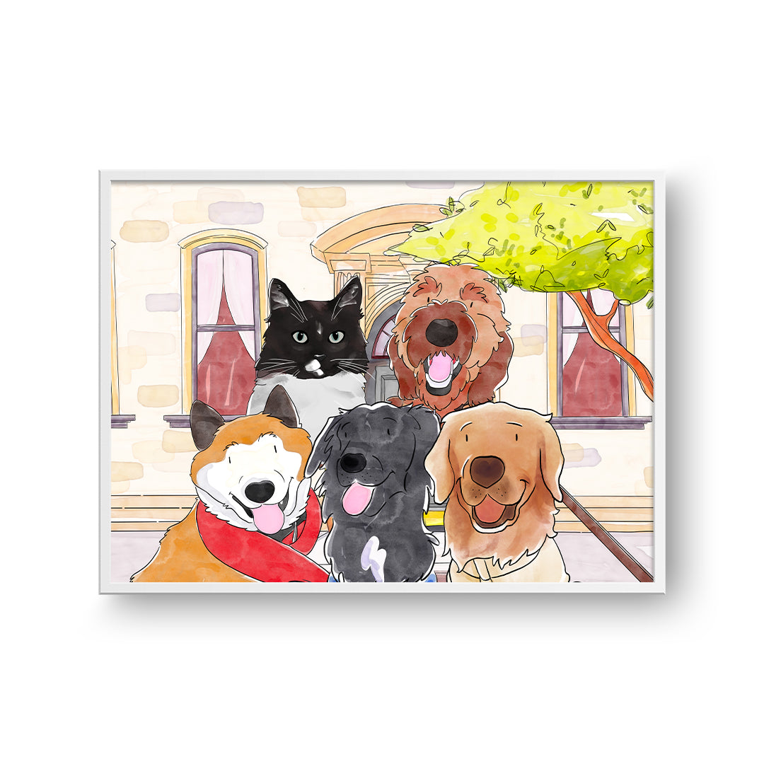 Watercolor Pet Portrait - Five Pets, Framed Poster