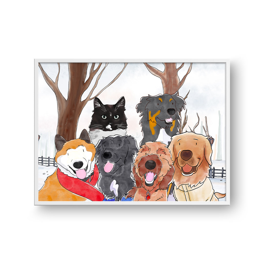 Watercolor Pet Portrait - Six Pets, Framed Poster