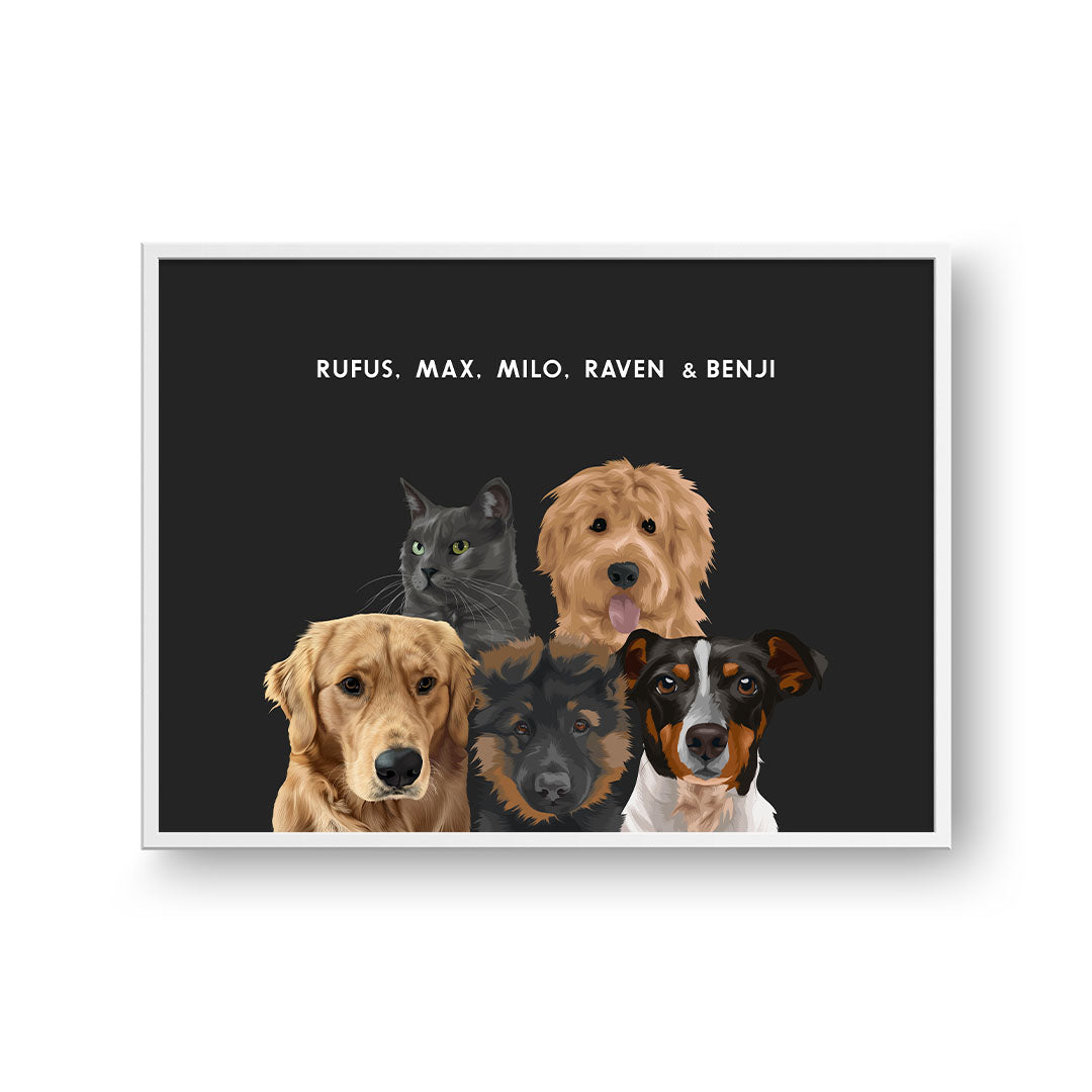 Modern Pet Portrait - Five Pets, Framed Poster