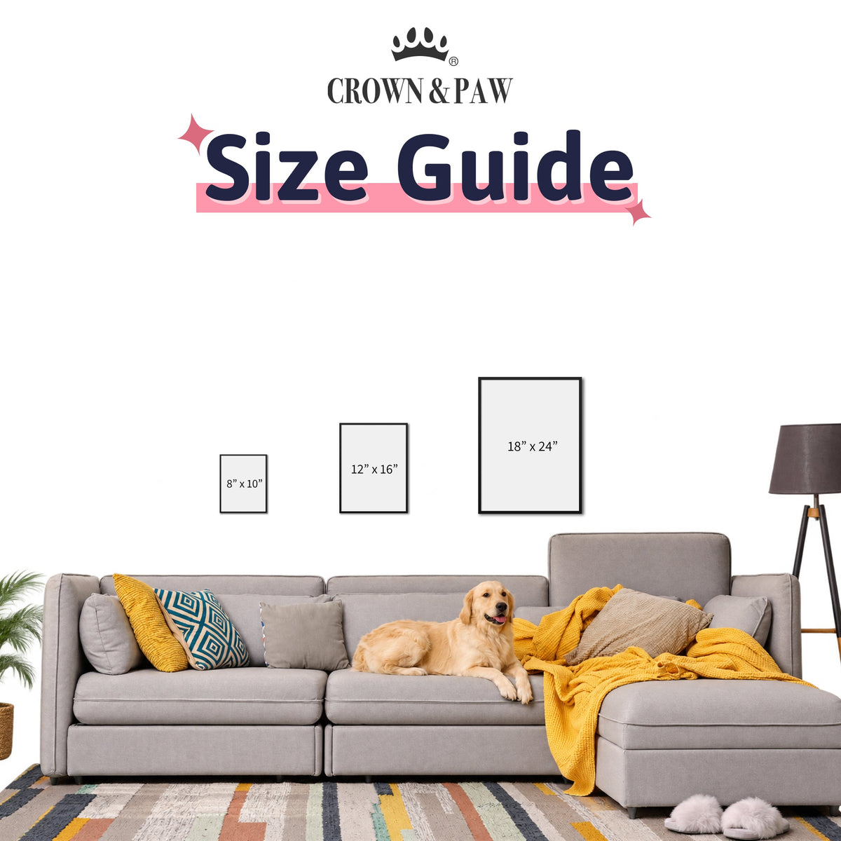 Framed poster size guide: 8x10, 12x16 and 18x24 inch framed posters shown to scale