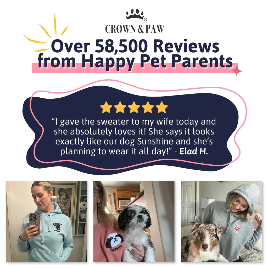 Over 58,500 reviews from happy pet parents: a five-star review of a Crown & Paw embroidered pet hoodie