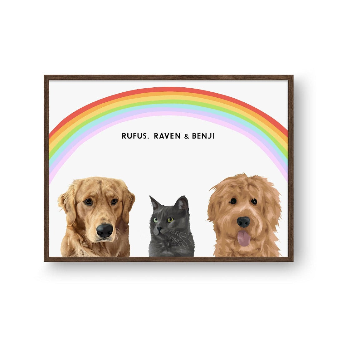 Crown and Paw - Framed Poster Modern Pet Portrait - Three Pets 10" x 8" / Walnut / Rainbow