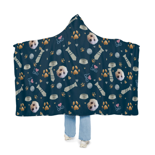 Crown and Paw - Hooded Blanket Dog Dad Hooded Blanket - Super Soft Fleece with Pet Face Pattern Ties and Paws