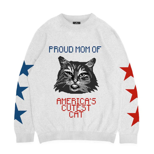 Crown and Paw - Knitwear Limited Edition! 4th of July Proud Cat Mom Knitted Sweater 2XS / White