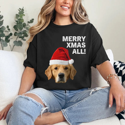 Personalized Merry Xmas Text and Pet in Santa Hat T-Shirt