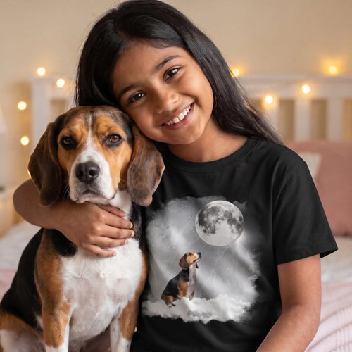 Girl in a black kids' custom pet cloudy night moon t-shirt hugging her beagle