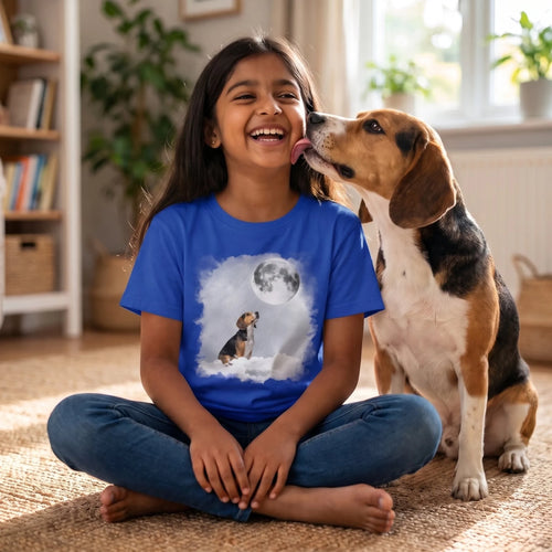 Girl on the rug laughing as her beagle licks her cheek, wearing a royal blue kids' custom pet moon t-shirt