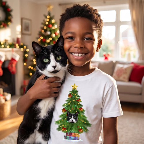 Boy in a white kids' personalised Christmas tree pet photo t-shirt cuddling his tuxedo cat