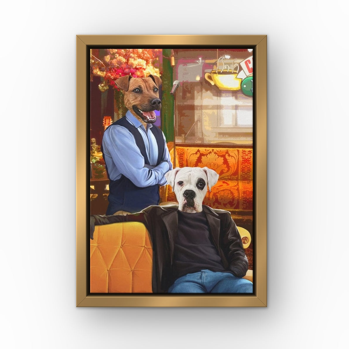 Boy Room Mates custom pet canvas in a gold floating frame