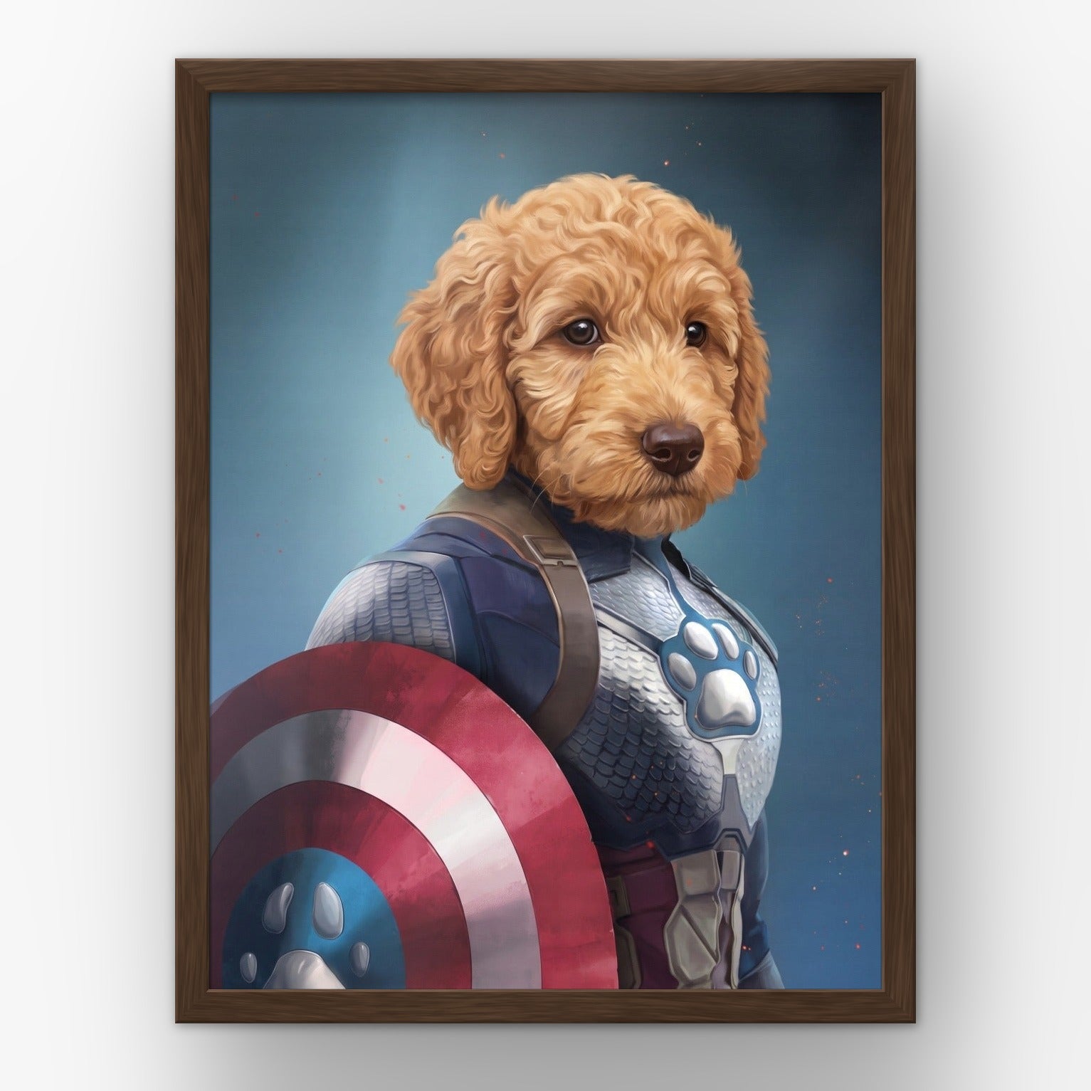 Captain Pawmerica custom pet poster in a walnut frame
