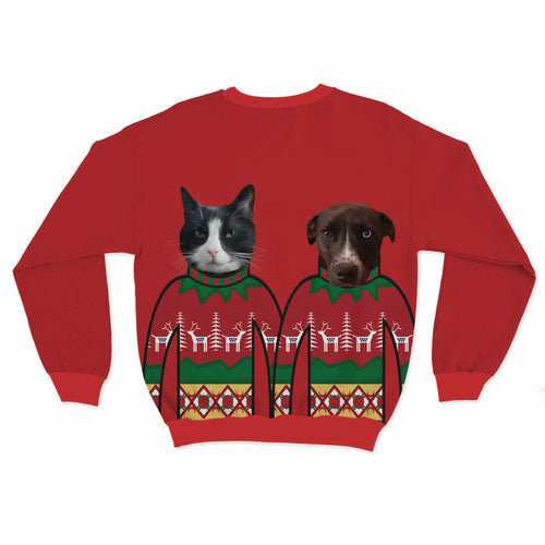Crown and Paw - Custom Clothing Custom Pet Face Christmas Sweatshirt - Two Pets Christmas Red / Red / S