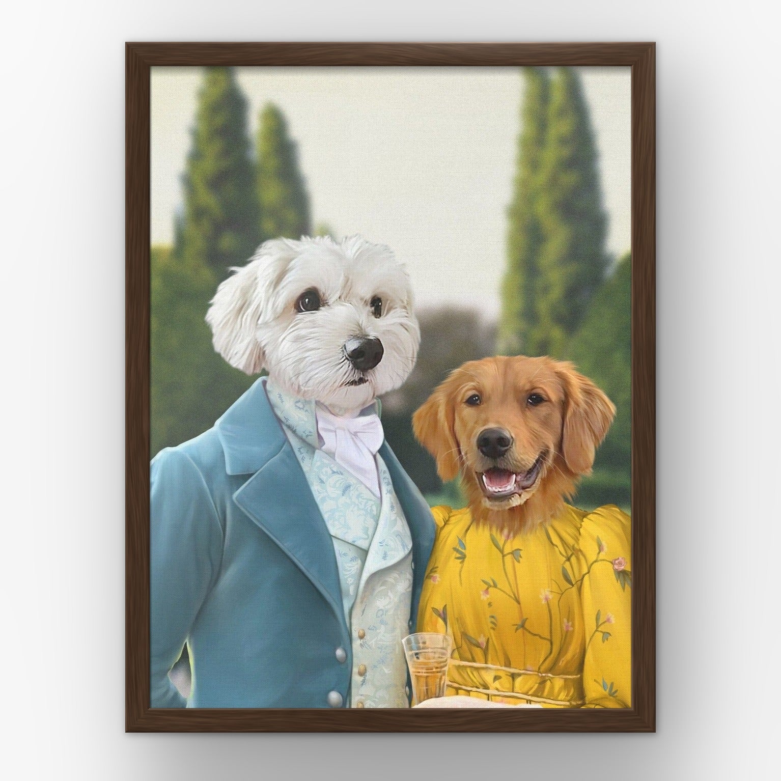 Colin and Marina custom pet poster in a walnut frame