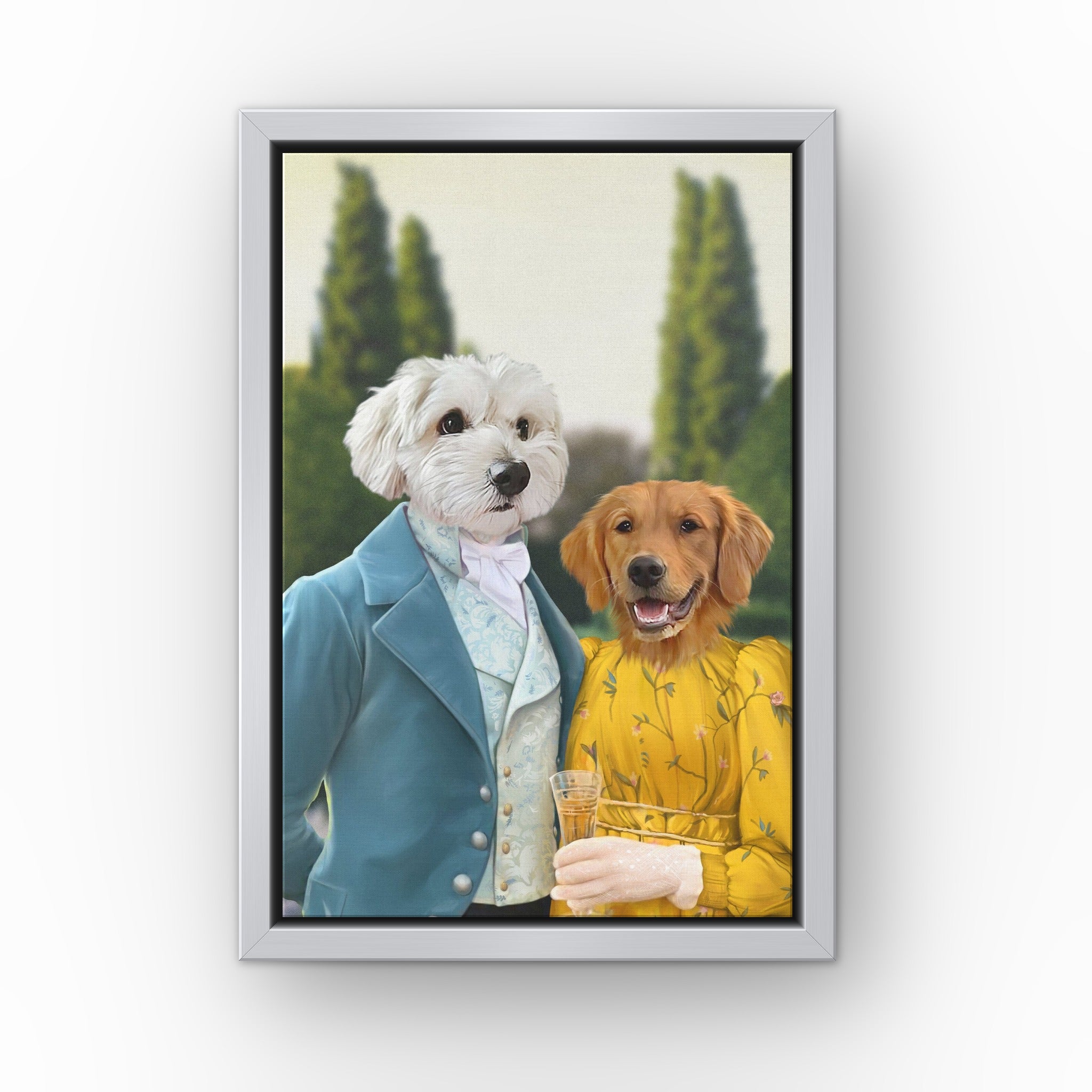 Colin and Marina custom pet canvas in a silver floating frame