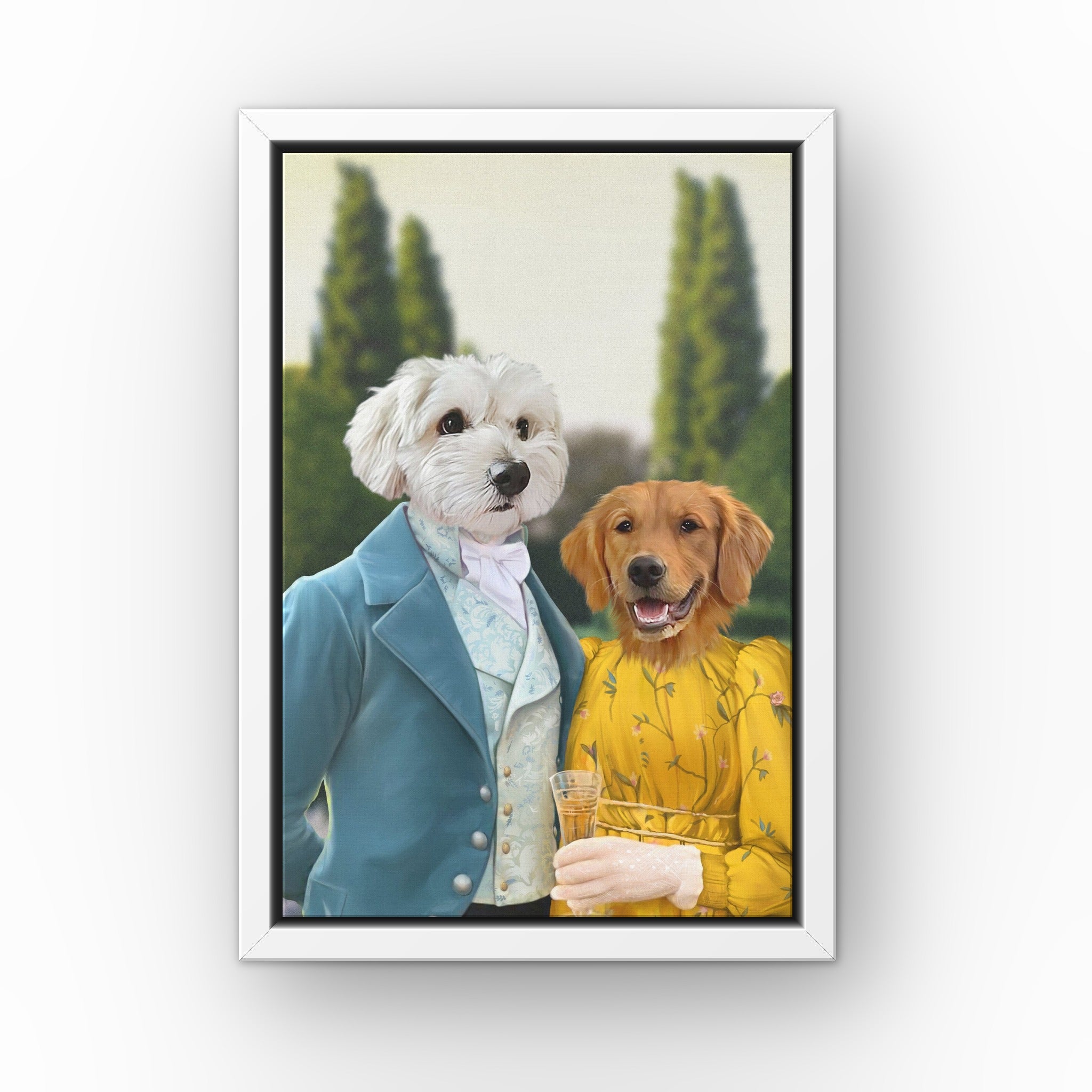Colin and Marina custom pet canvas in a white floating frame