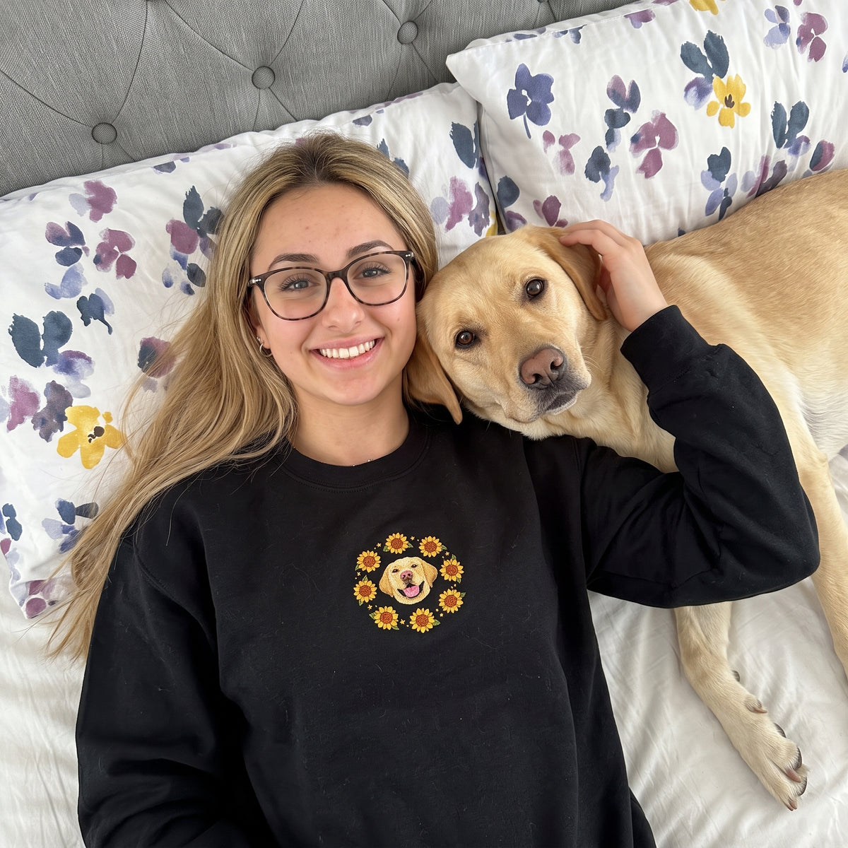 Custom Embroidered Pet Portrait Organic Sunflower Sweatshirt
