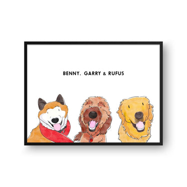 Watercolor Pet Portrait - Three Pets, Framed Poster