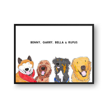 Watercolor Pet Portrait - Four Pets, Framed Poster