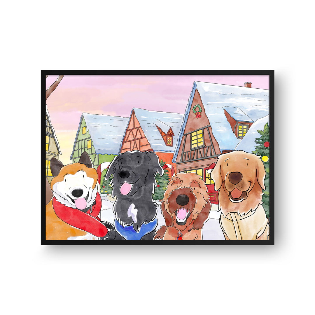 Christmas Watercolor Pet Portrait - Four Pets