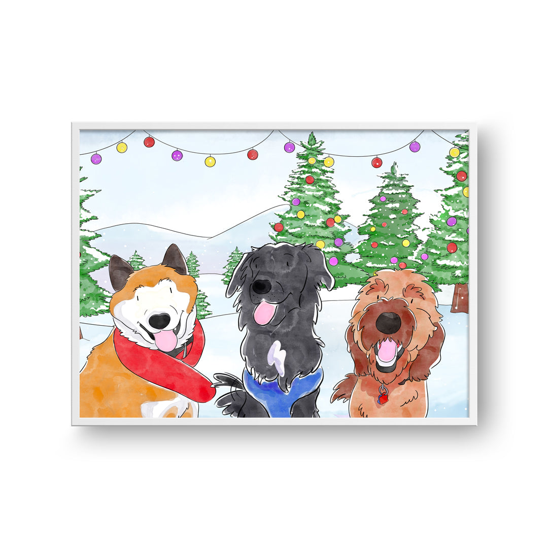 Christmas Watercolor Pet Portrait - Three Pets