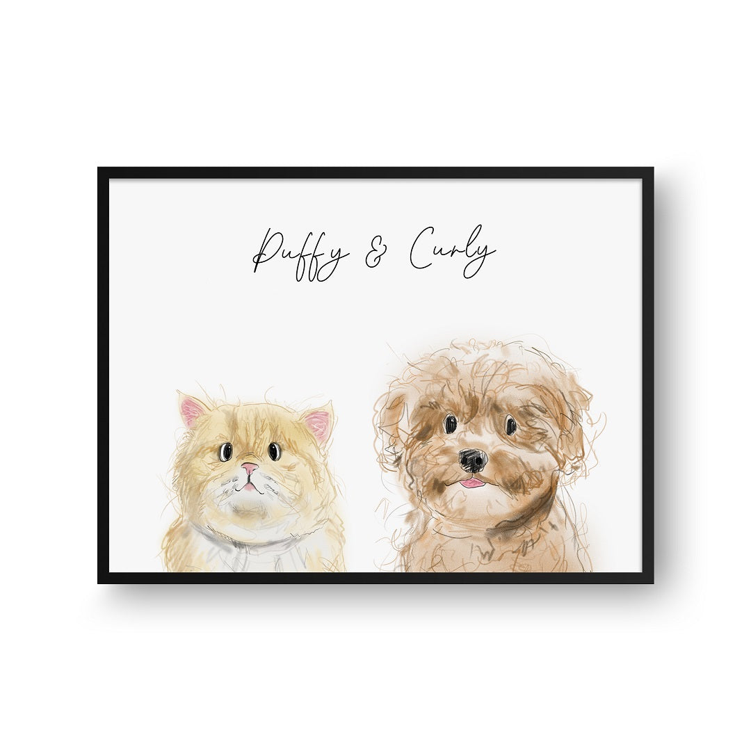 Cute Pet Sketch Portrait - Two Pets