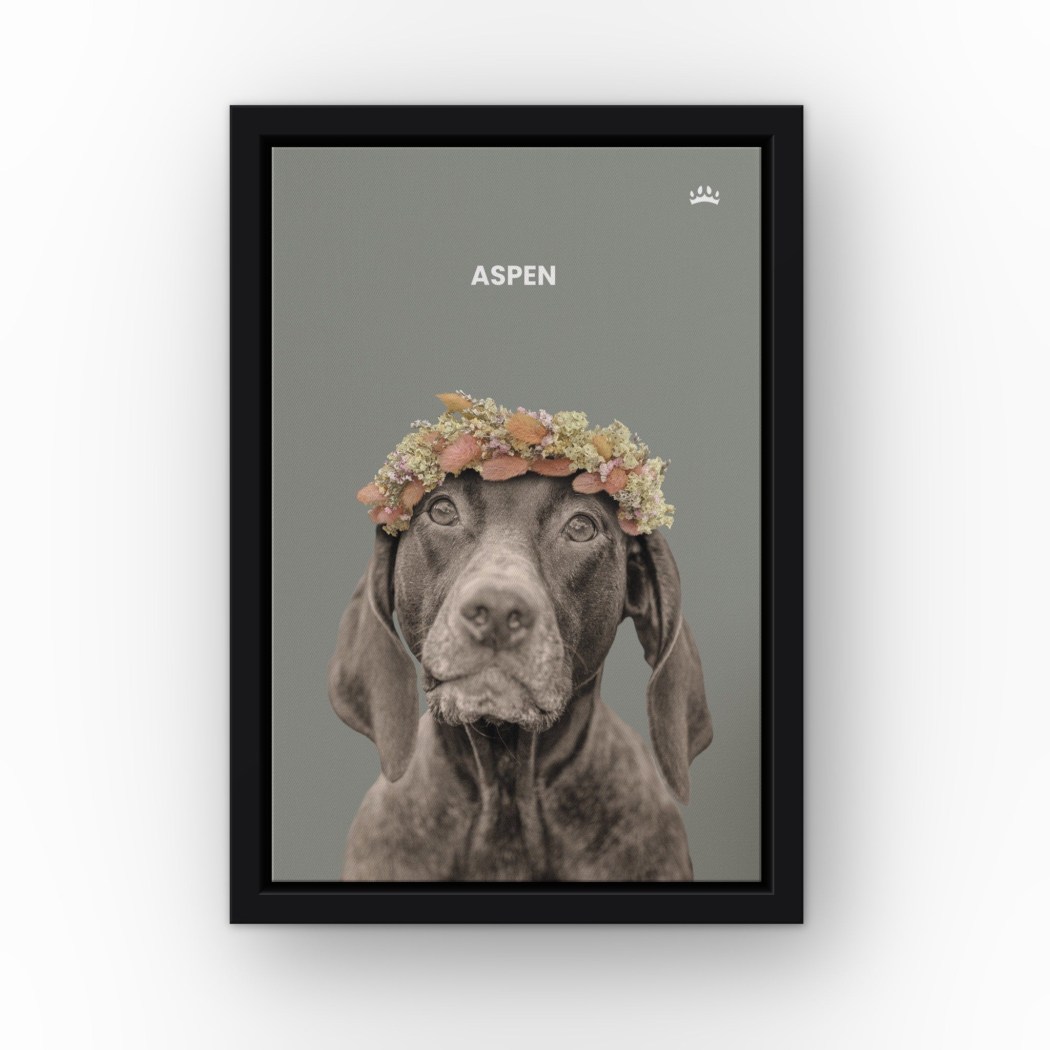 Dried Out Pet Portrait (green) custom pet canvas in a black floating frame