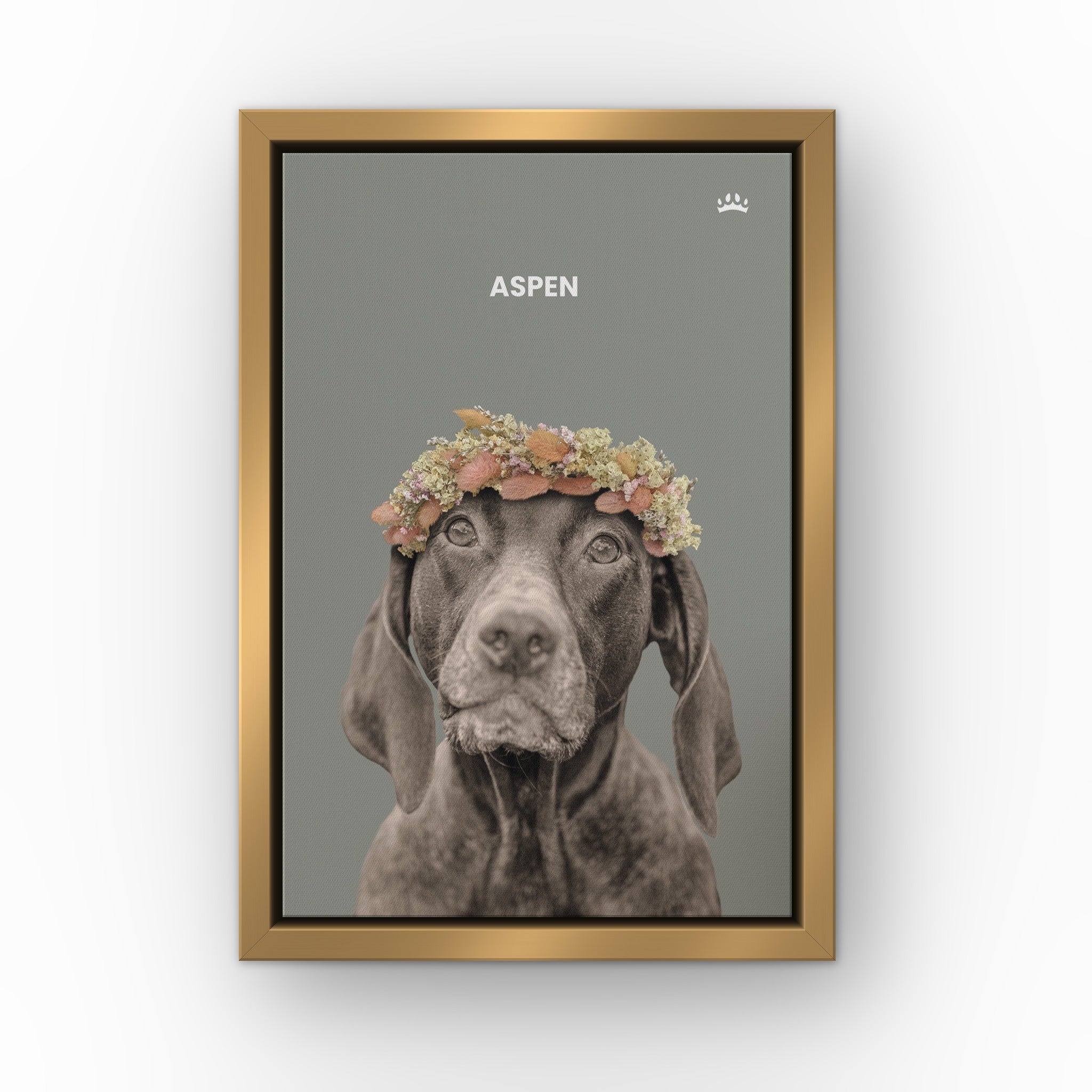 Dried Out Pet Portrait (green) custom pet canvas in a gold floating frame