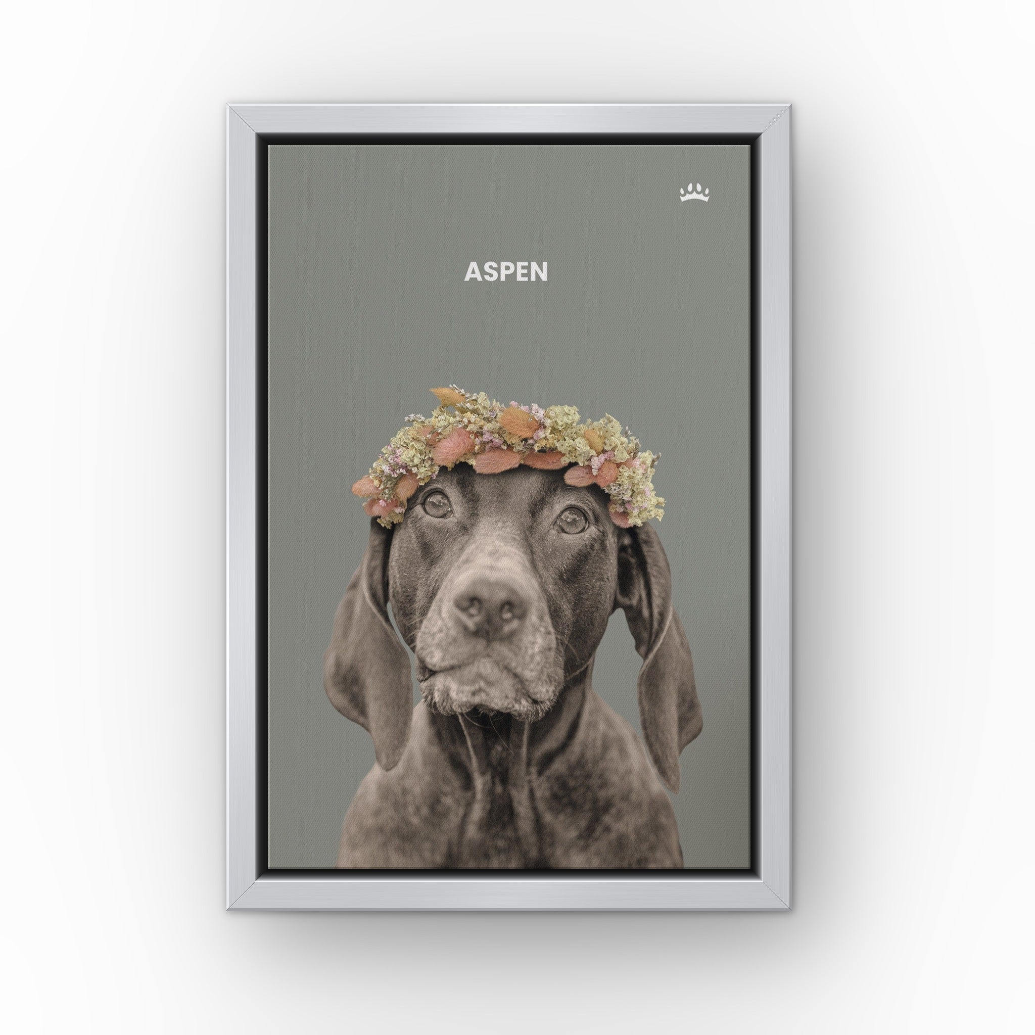 Dried Out Pet Portrait (green) custom pet canvas in a silver floating frame