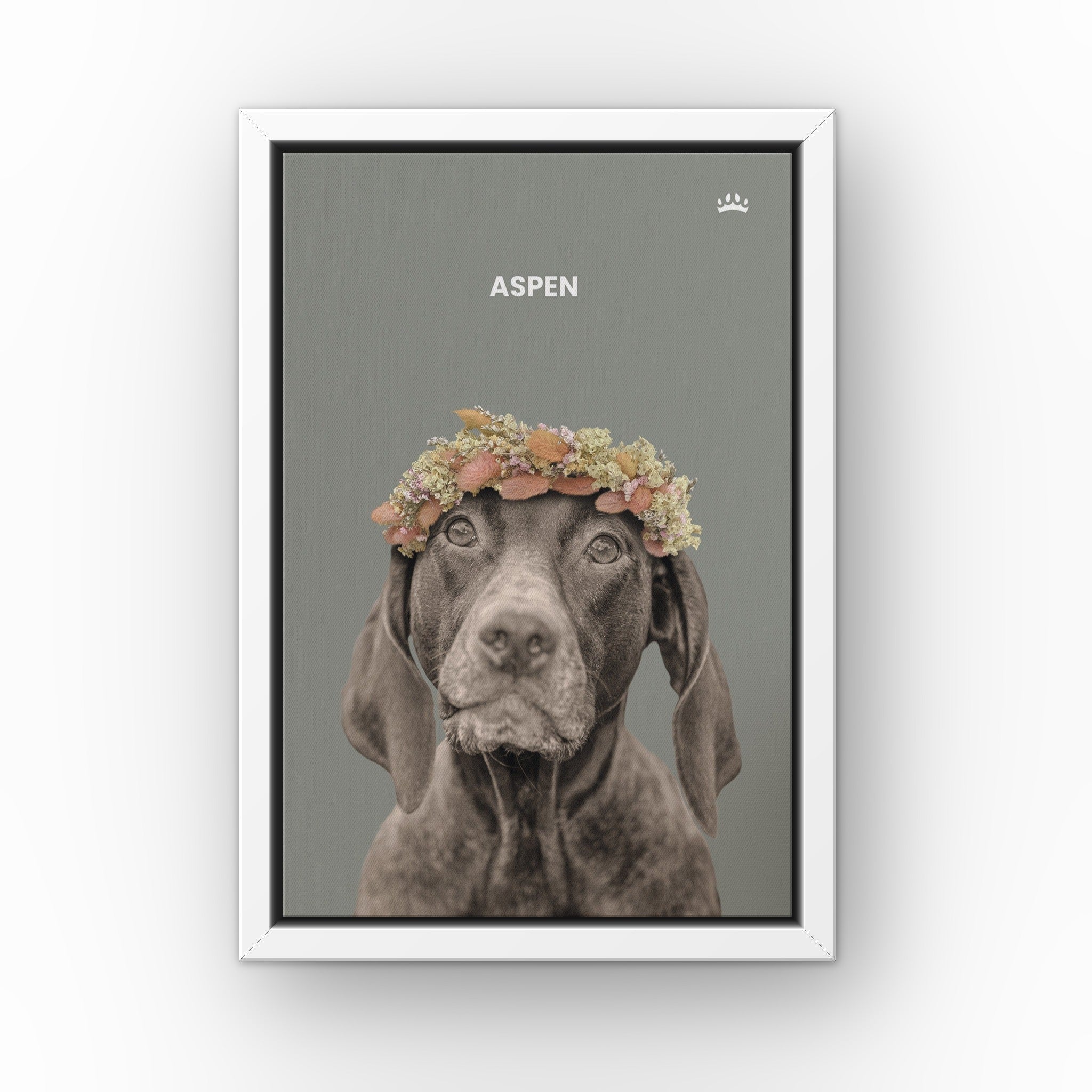 Dried Out Pet Portrait (green) custom pet canvas in a white floating frame