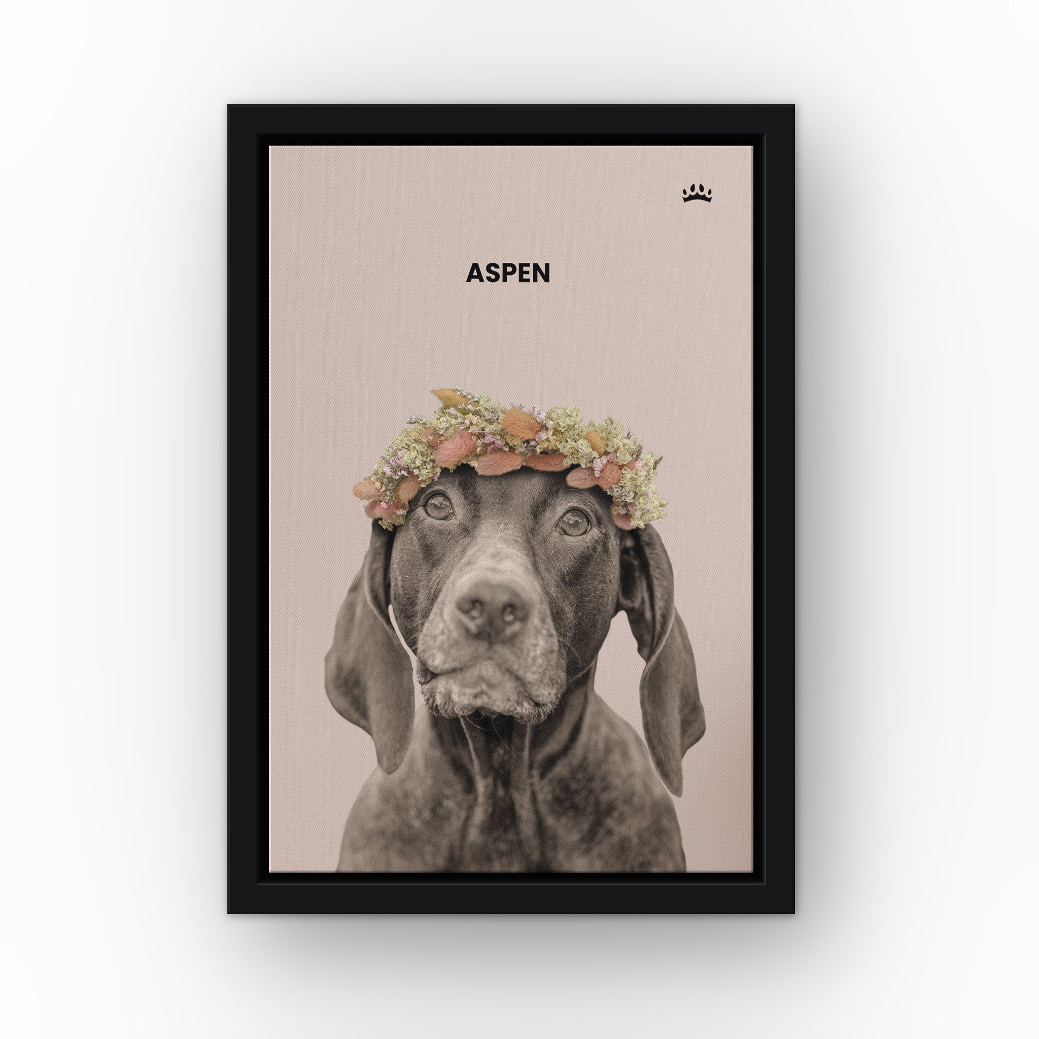 Dried Out Pet Portrait (soft pink) custom pet canvas in a black floating frame