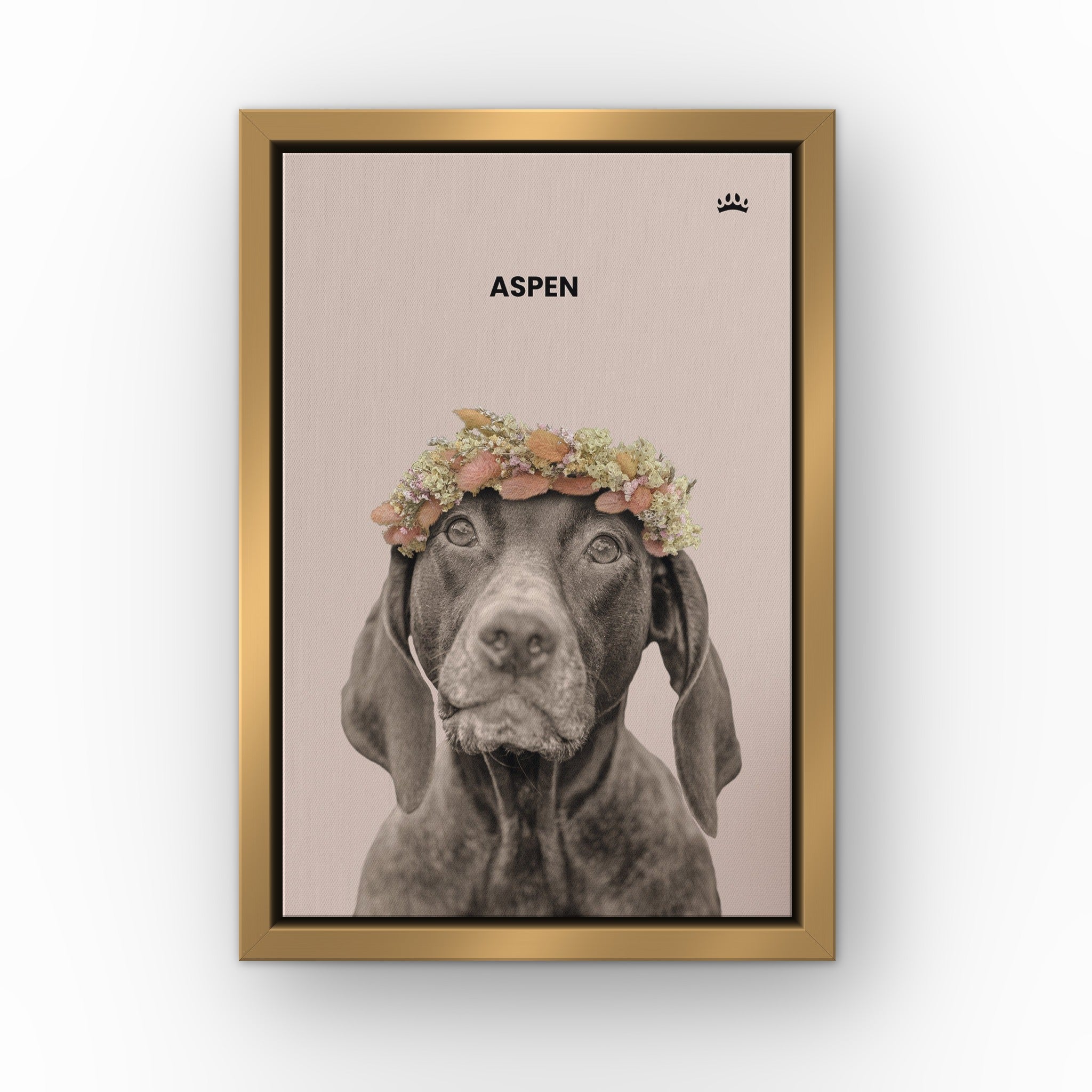 Dried Out Pet Portrait (soft pink) custom pet canvas in a gold floating frame