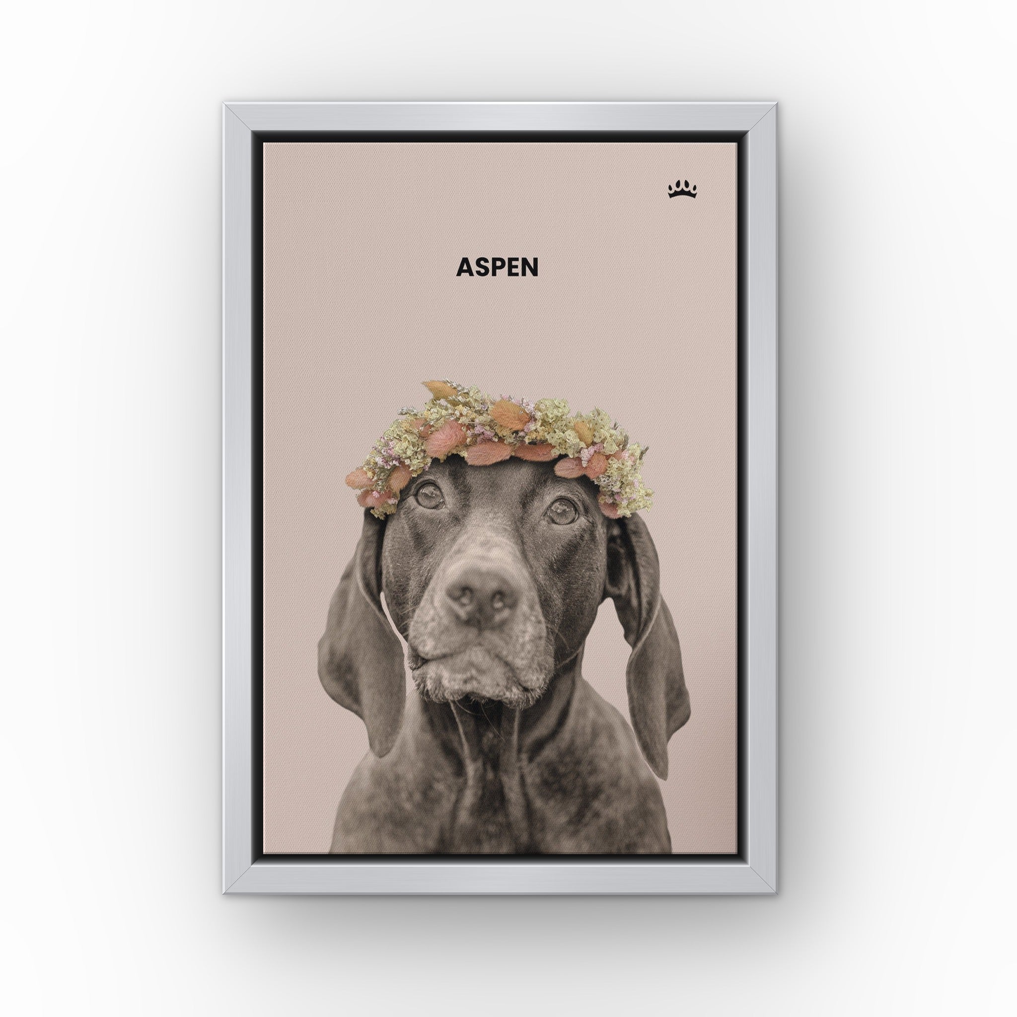Dried Out Pet Portrait (soft pink) custom pet canvas in a silver floating frame