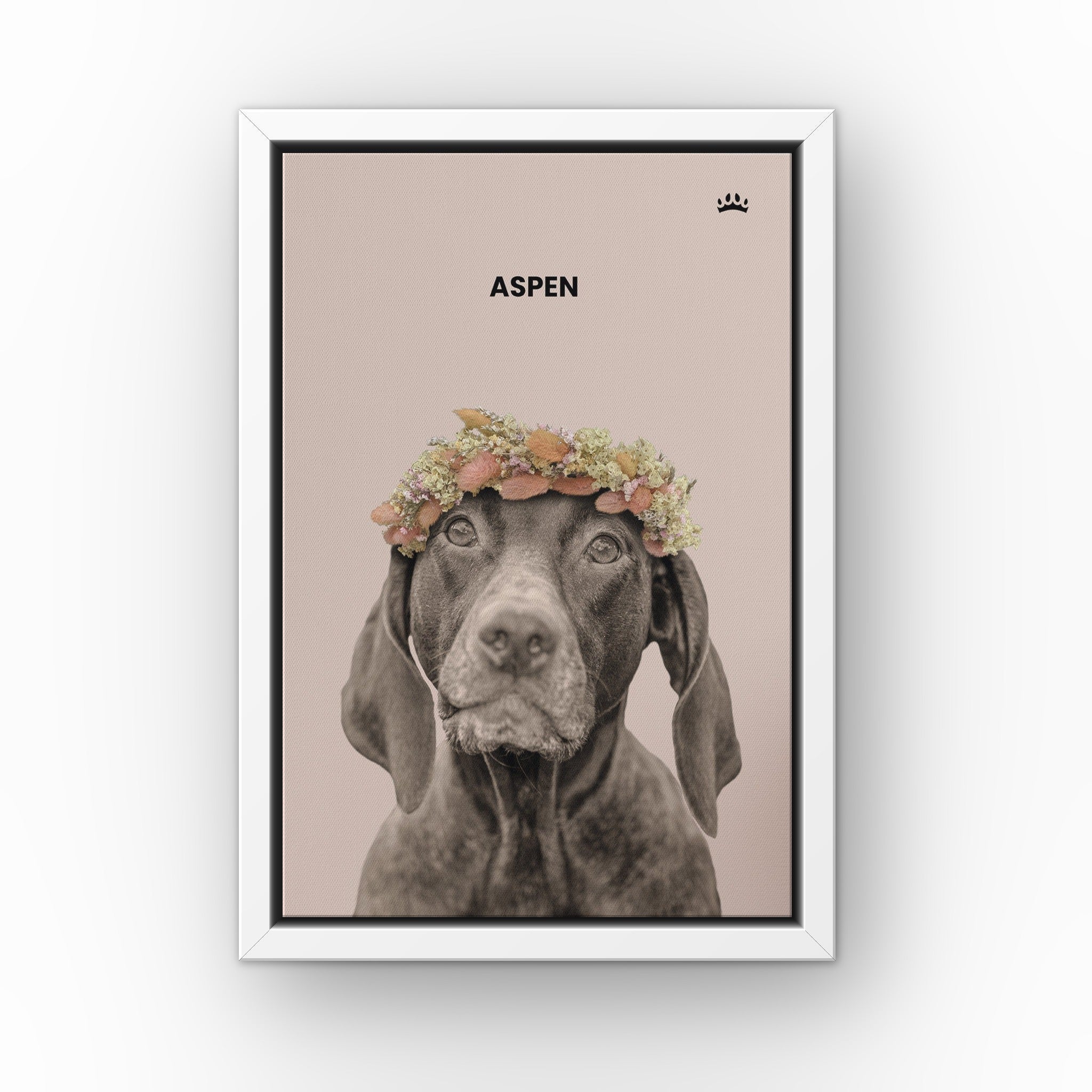 Dried Out Pet Portrait (soft pink) custom pet canvas in a white floating frame
