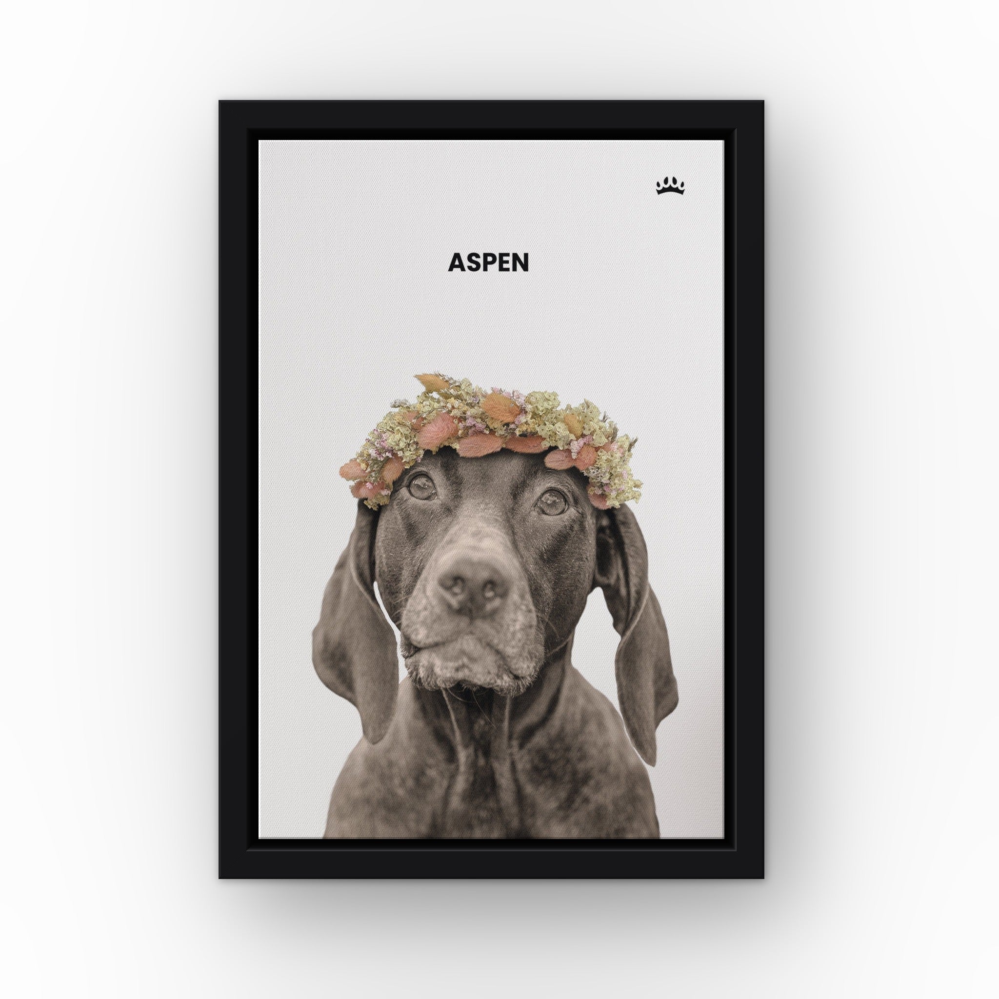 Dried Out Pet Portrait (white) custom pet canvas in a black floating frame