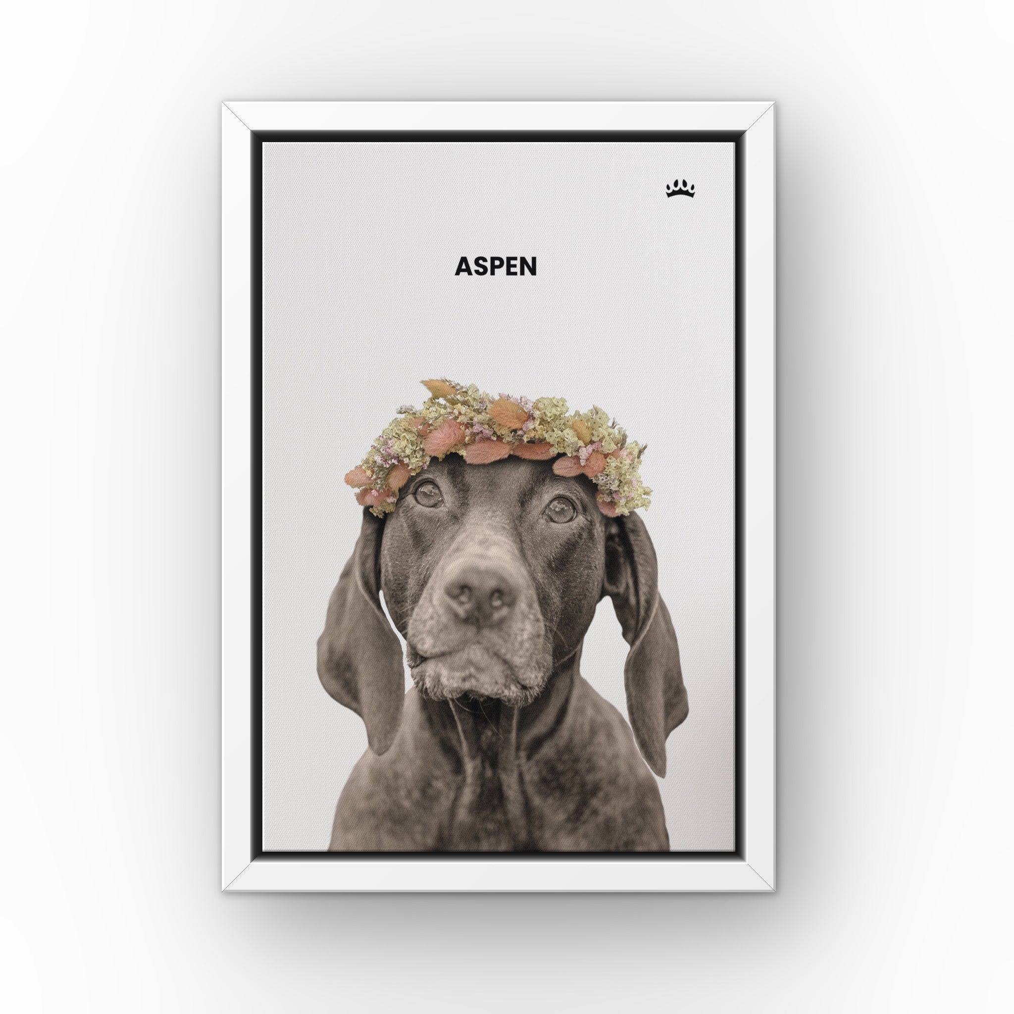 Dried Out Pet Portrait (white) custom pet canvas in a white floating frame