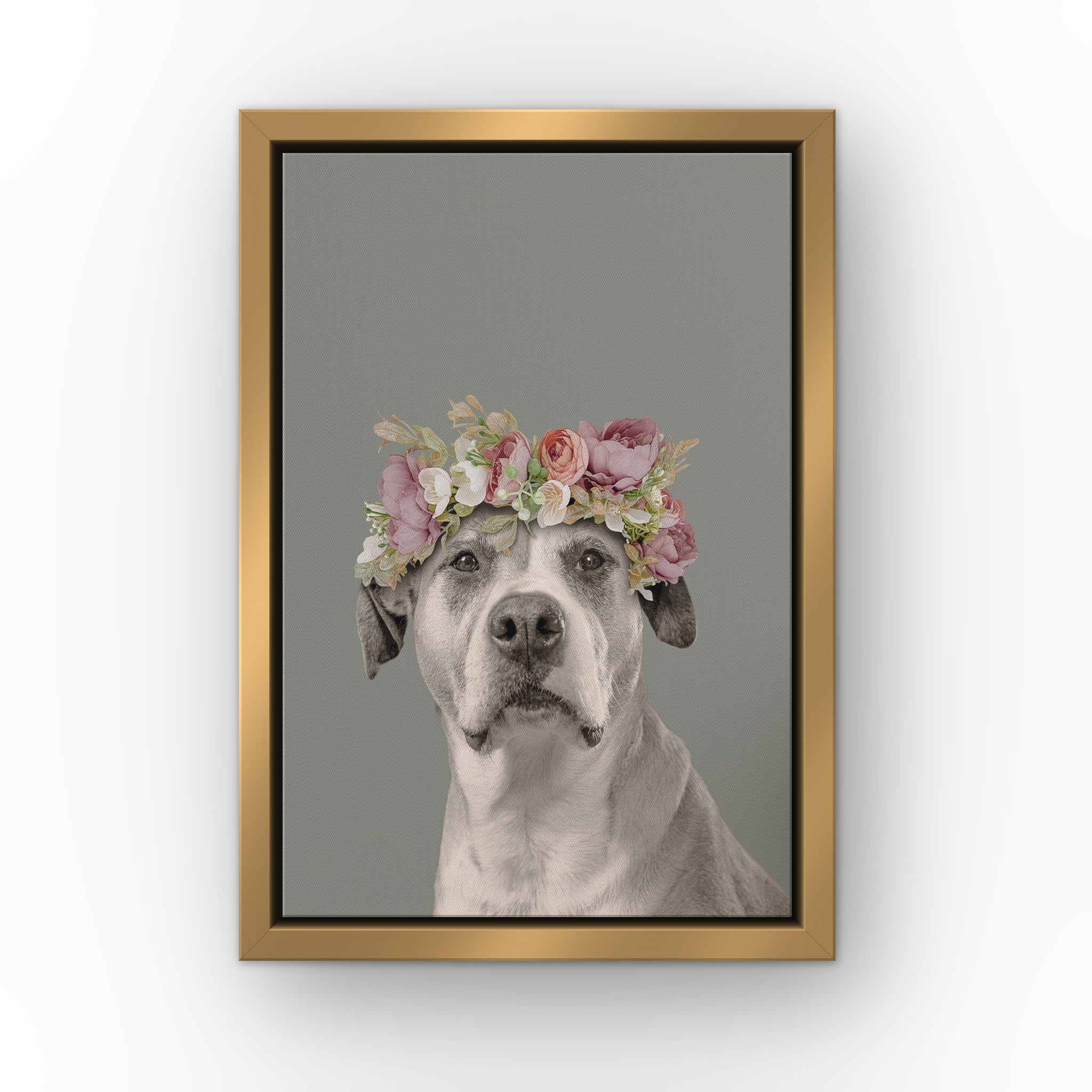 Floral Crown Pet Portrait (green) custom pet canvas in a gold floating frame