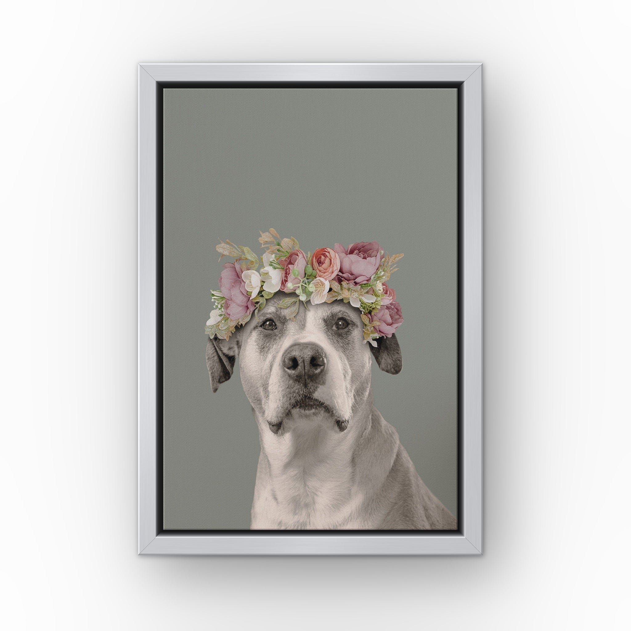 Floral Crown Pet Portrait (green) custom pet canvas in a silver floating frame